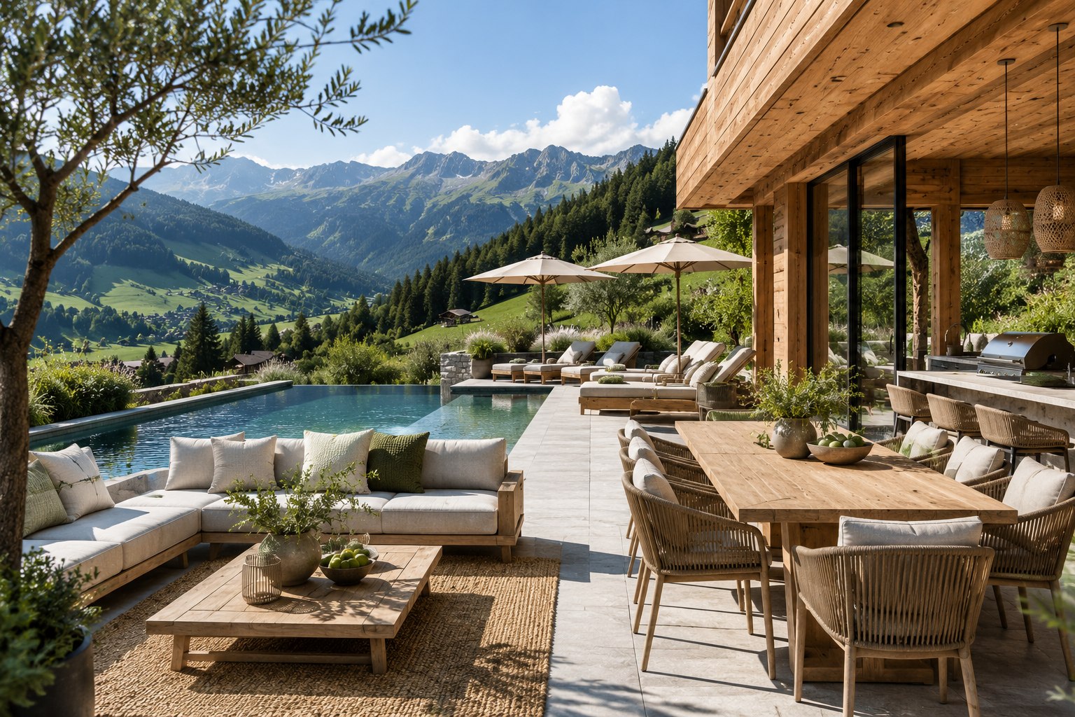 Hochwertig abgestimmter Außenbereich mit Lounge, Küche, Licht und Atmosphäre