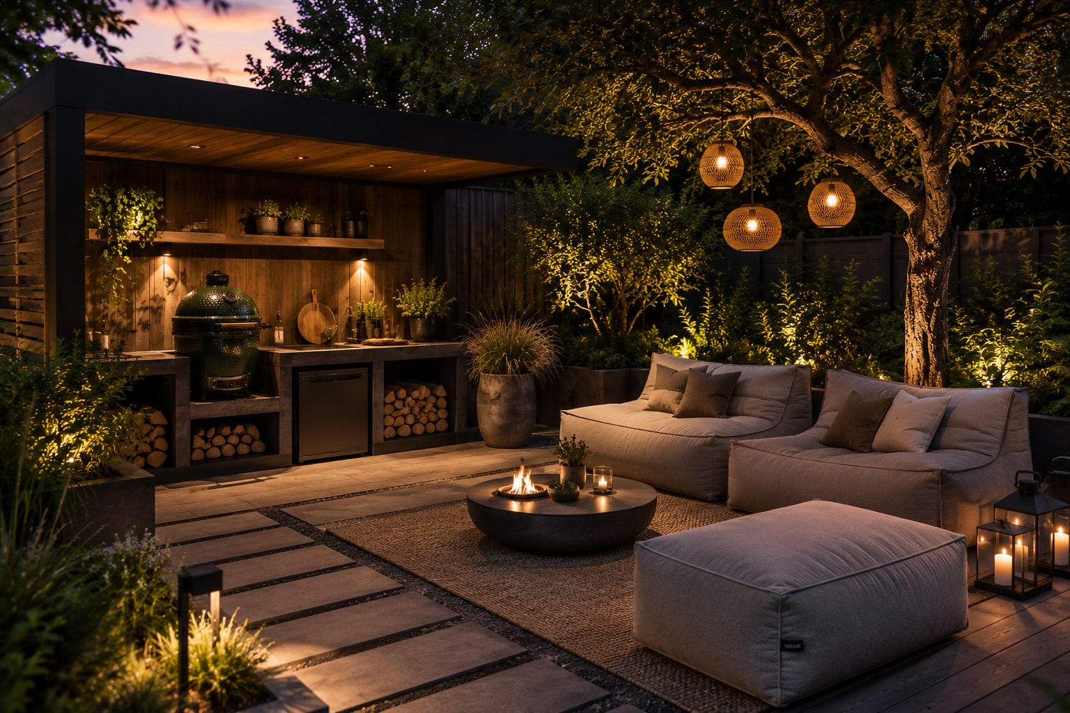 Hochwertig abgestimmter Außenbereich mit Lounge, Küche, Licht und Atmosphäre
